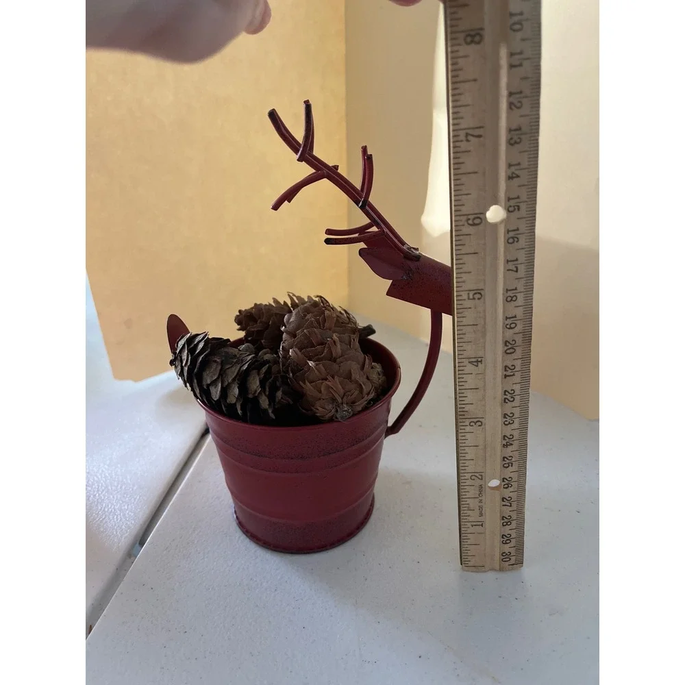 Rustic Red Metal Reindeer Bucket Christmas Holiday Decor Planter Centerpiece